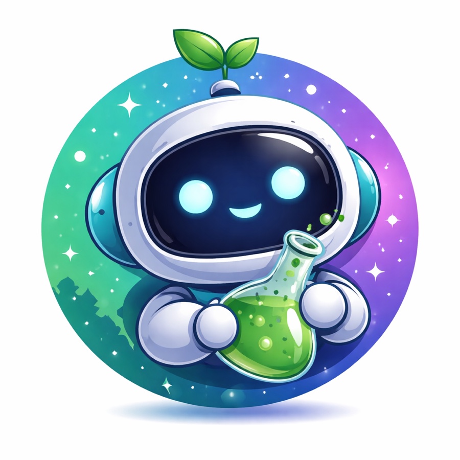 Aivy, a smiling little robot with a green sprout, holding a flask full of ideas.