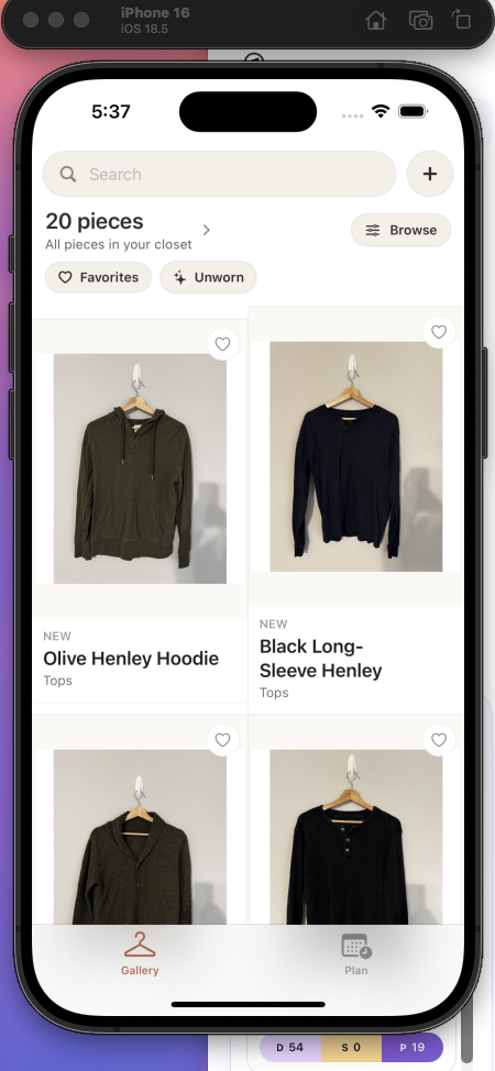 Hanger’s Gallery showing a photo grid of wardrobe pieces, search, favorites, and outfit-planning navigation.
